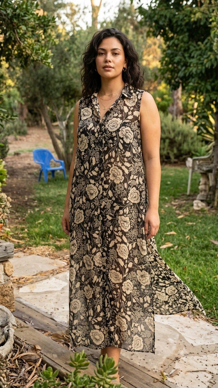 שמלת שיפון בהדפס פרחוני שחור וקרם