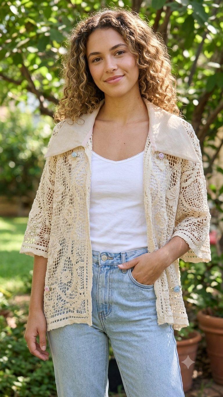 קרדיגן תחרה קרם עדין