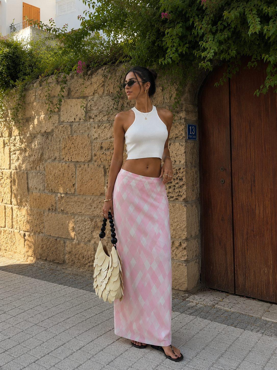 חצאית מקסי ורוד לבן בדוגמת יהלום Topshop