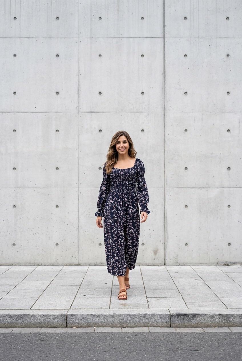 שמלת מידי פרחונית כחולה עם שרוולים ארוכים