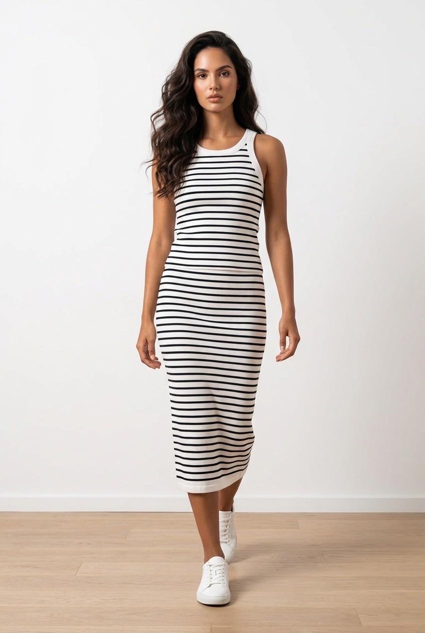 שמלת מידי פסים שחור לבן H&M