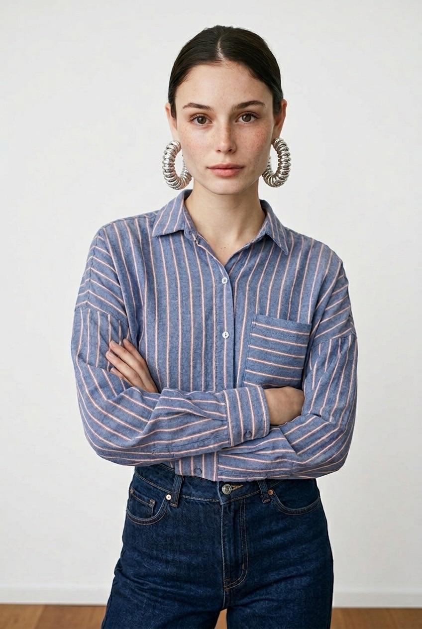חולצת כפתורים פסים כחול וכתום Pull & Bear