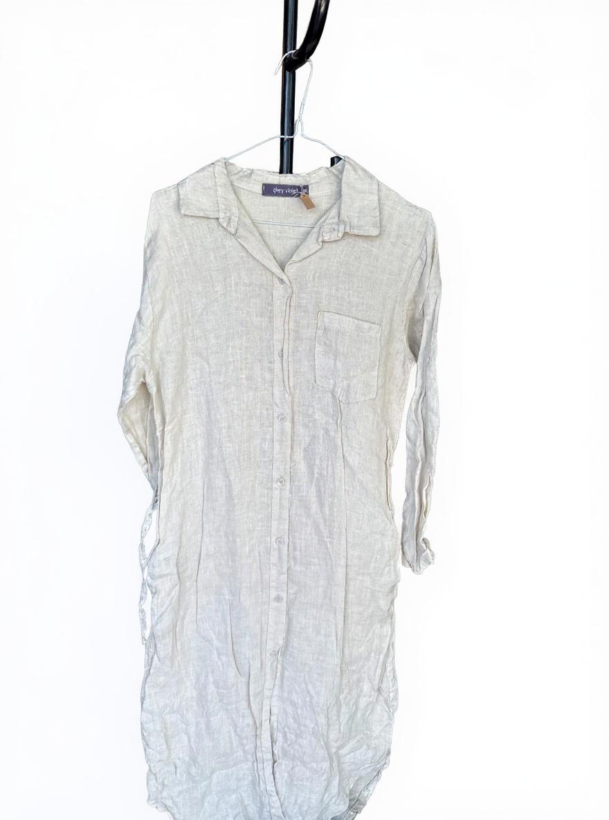 Cream Linen Shirt Dress - grey violet