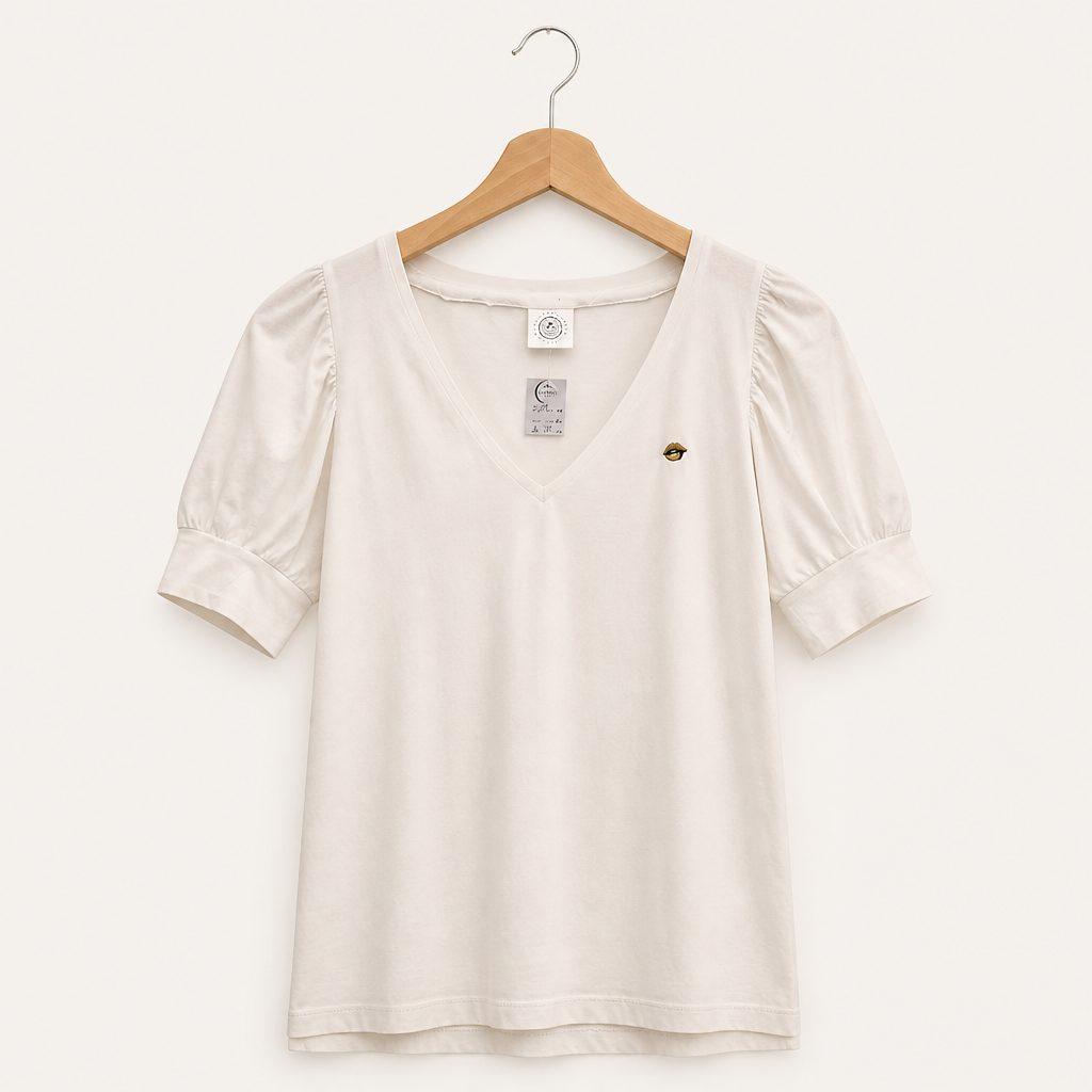 חולצת V-neck קרם עם שרוולים נפוחים